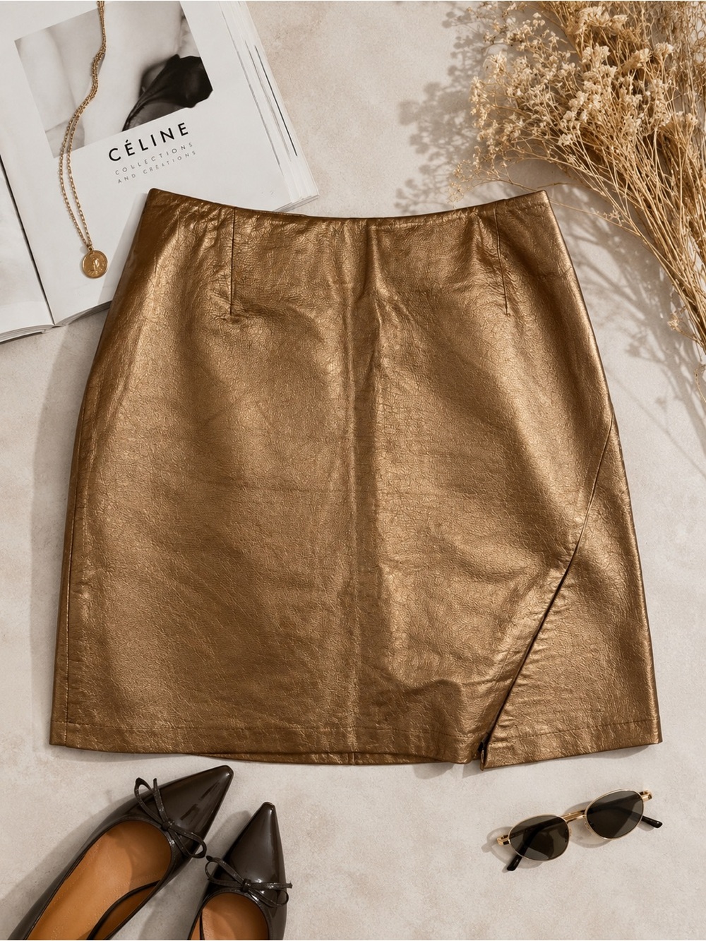 Vintage Venezia Y2K Metallic Bronze Leather Pencil Skirt 14
